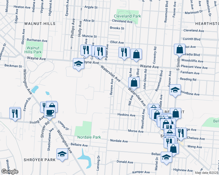 map of restaurants, bars, coffee shops, grocery stores, and more near 2134 Revere Avenue in Dayton