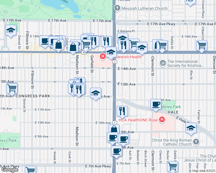 map of restaurants, bars, coffee shops, grocery stores, and more near 1268 Harrison Street in Denver