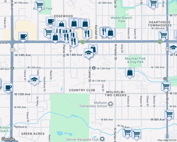 map of restaurants, bars, coffee shops, grocery stores, and more near 1283 Lamar Street in Lakewood