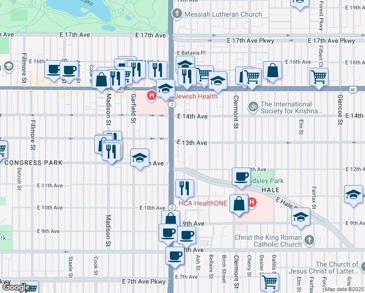 map of restaurants, bars, coffee shops, grocery stores, and more near 1270 Colorado 2 in Denver