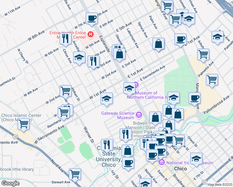 map of restaurants, bars, coffee shops, grocery stores, and more near 202 West Sacramento Avenue in Chico