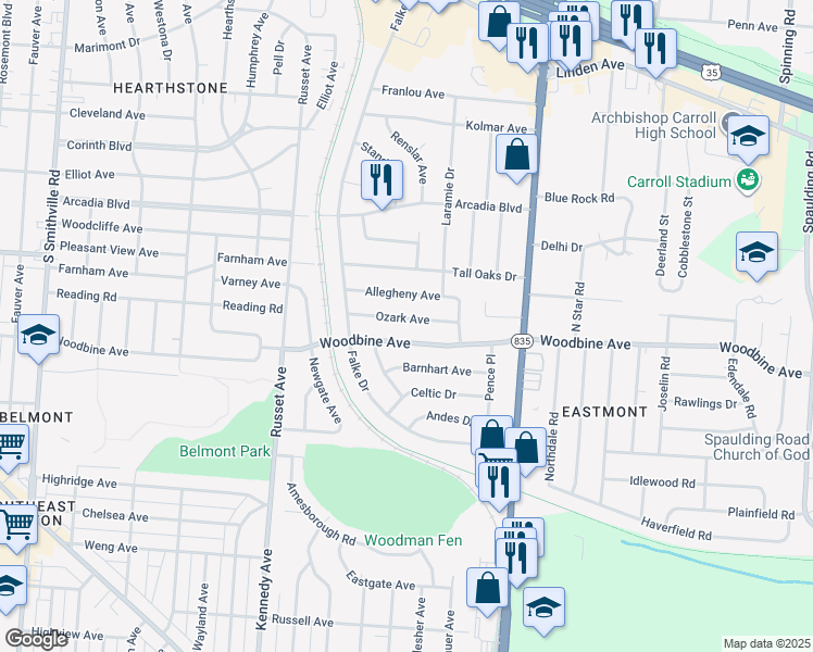 map of restaurants, bars, coffee shops, grocery stores, and more near 4733 Ozark Avenue in Dayton