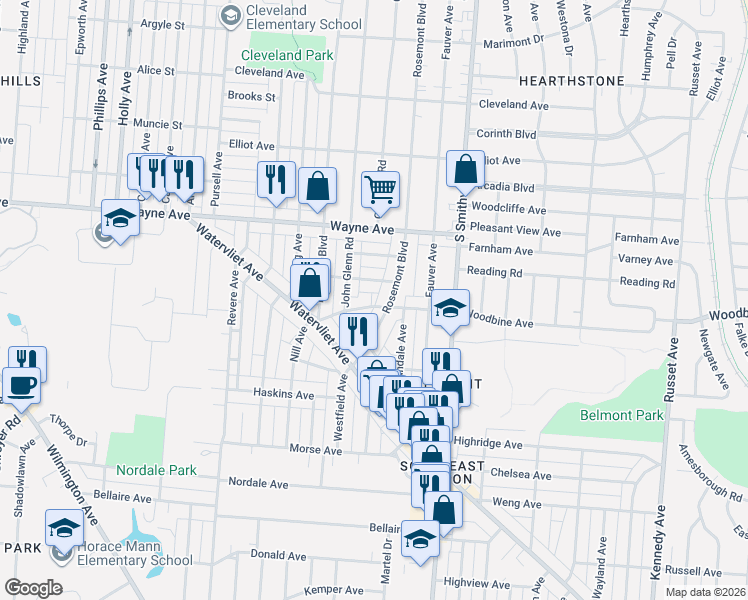 map of restaurants, bars, coffee shops, grocery stores, and more near 3633 Woodbine Avenue in Dayton