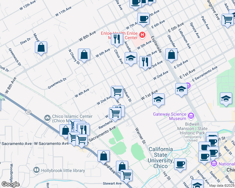 map of restaurants, bars, coffee shops, grocery stores, and more near 1196 Warner Street in Chico