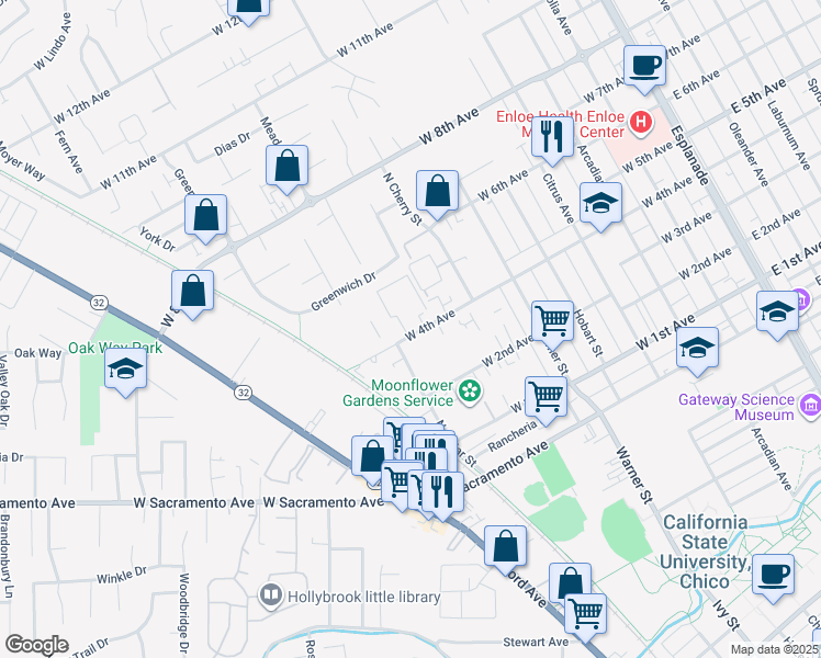 map of restaurants, bars, coffee shops, grocery stores, and more near 820 West 4th Avenue in Chico