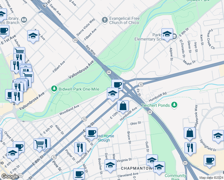 map of restaurants, bars, coffee shops, grocery stores, and more near 1367 Woodland Avenue in Chico