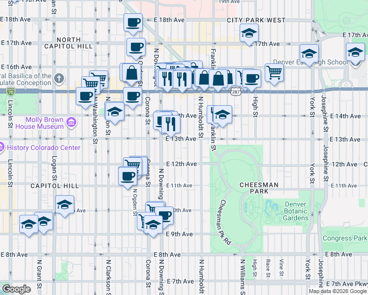 map of restaurants, bars, coffee shops, grocery stores, and more near 1270 North Marion Street in Denver