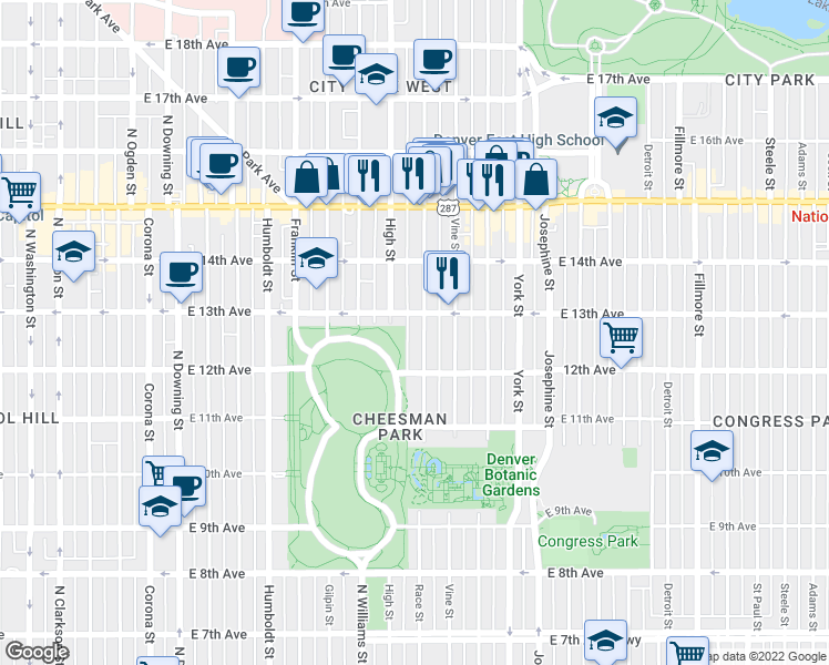 map of restaurants, bars, coffee shops, grocery stores, and more near 1920 East 13th Avenue in Denver