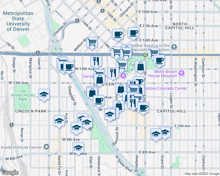 map of restaurants, bars, coffee shops, grocery stores, and more near 1250 Cherokee Street in Denver