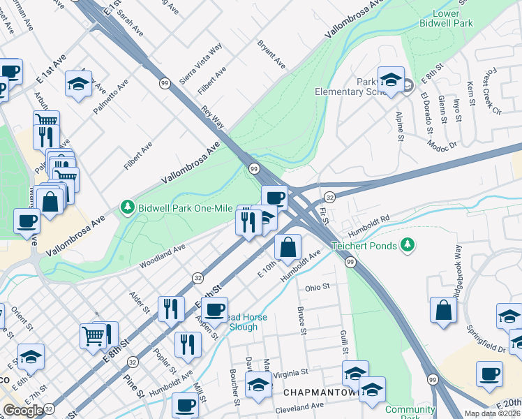 map of restaurants, bars, coffee shops, grocery stores, and more near 1367 Woodland Avenue in Chico