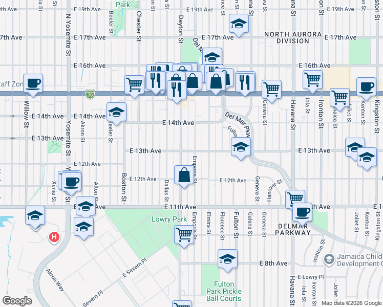 map of restaurants, bars, coffee shops, grocery stores, and more near 1297 Emporia Street in Aurora