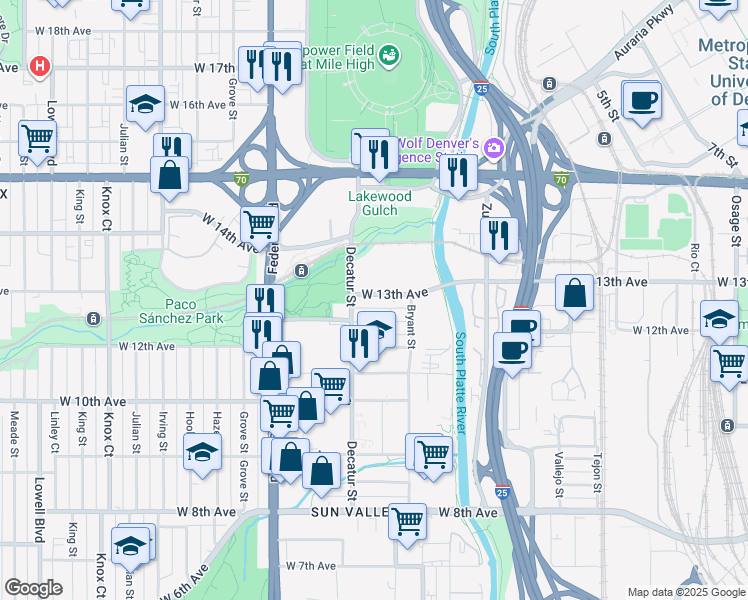 map of restaurants, bars, coffee shops, grocery stores, and more near 2728 West 13th Avenue in Denver