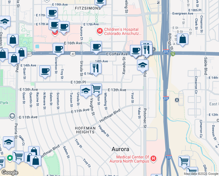 map of restaurants, bars, coffee shops, grocery stores, and more near 13465 East 13th Avenue in Aurora