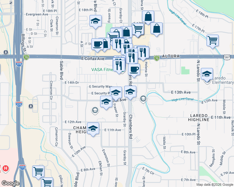 map of restaurants, bars, coffee shops, grocery stores, and more near 15057 East Security Place in Aurora