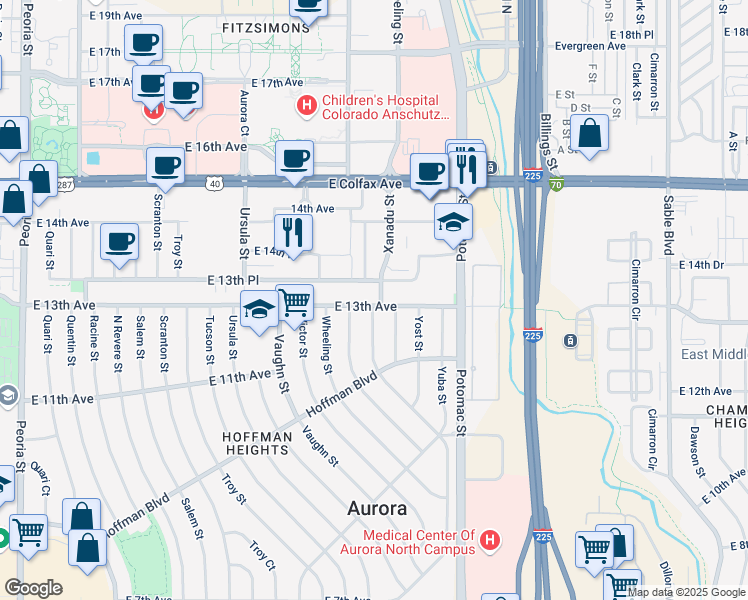 map of restaurants, bars, coffee shops, grocery stores, and more near 13605 East 13th Avenue in Aurora
