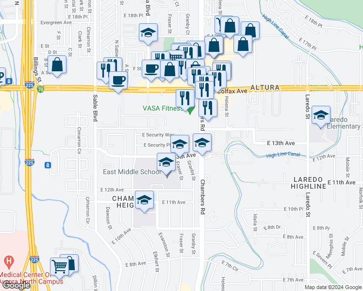 map of restaurants, bars, coffee shops, grocery stores, and more near 15057 East Security Place in Aurora