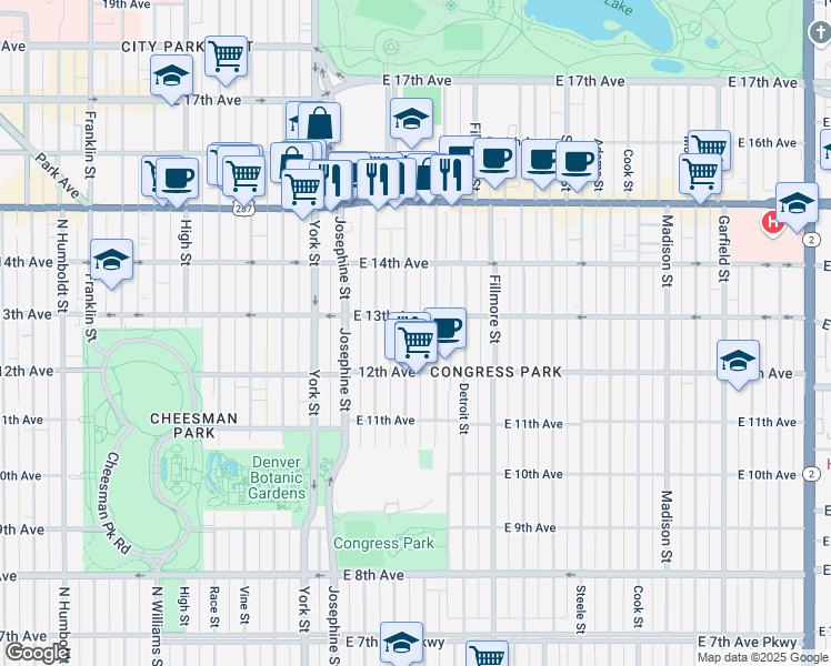 map of restaurants, bars, coffee shops, grocery stores, and more near 1265 Elizabeth Street in Denver