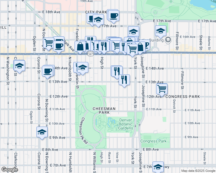 map of restaurants, bars, coffee shops, grocery stores, and more near 1920 East 13th Avenue in Denver
