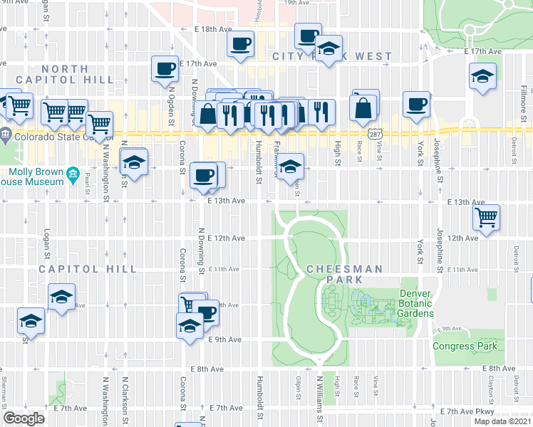 map of restaurants, bars, coffee shops, grocery stores, and more near in Denver
