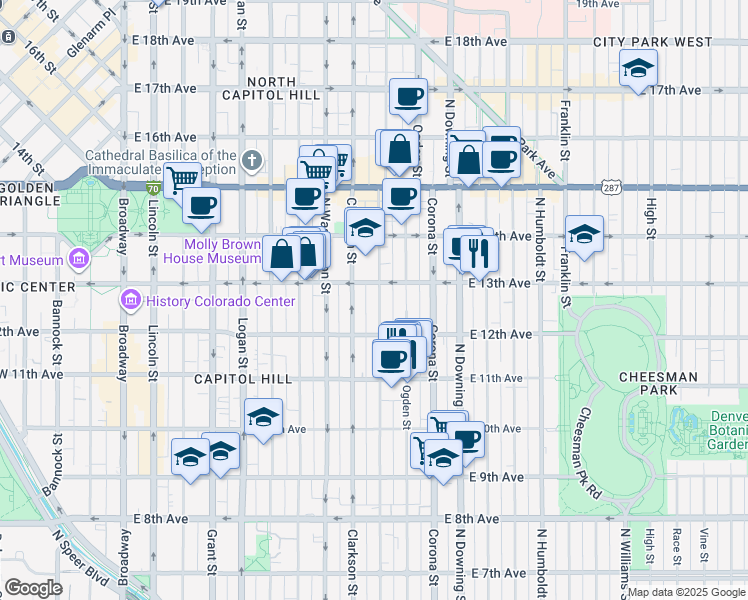 map of restaurants, bars, coffee shops, grocery stores, and more near 1276 Emerson Street in Denver
