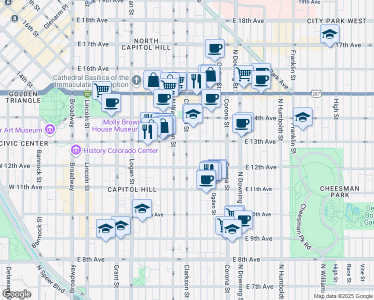 map of restaurants, bars, coffee shops, grocery stores, and more near 1262 North Clarkson street in Denver