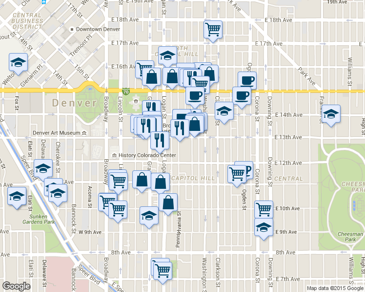 map of restaurants, bars, coffee shops, grocery stores, and more near in Denver