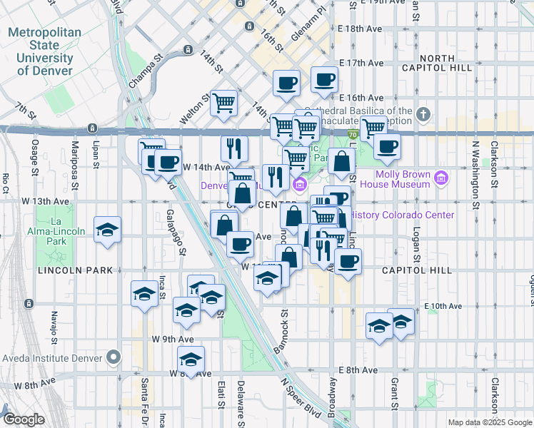 map of restaurants, bars, coffee shops, grocery stores, and more near in Denver