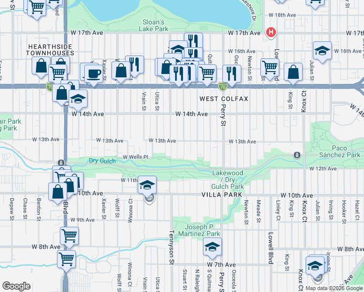 map of restaurants, bars, coffee shops, grocery stores, and more near 4346 West 13th Avenue in Denver