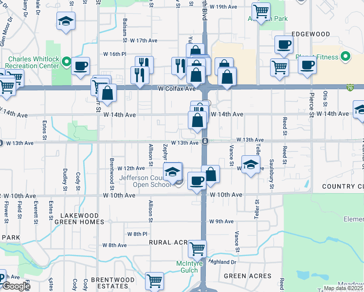 map of restaurants, bars, coffee shops, grocery stores, and more near 7770 West 13th Avenue in Lakewood