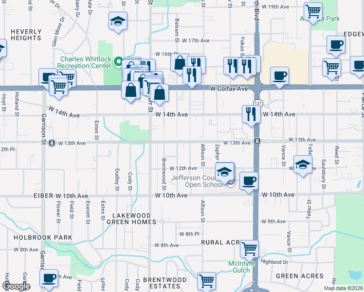 map of restaurants, bars, coffee shops, grocery stores, and more near 1273 Balsam Street in Denver