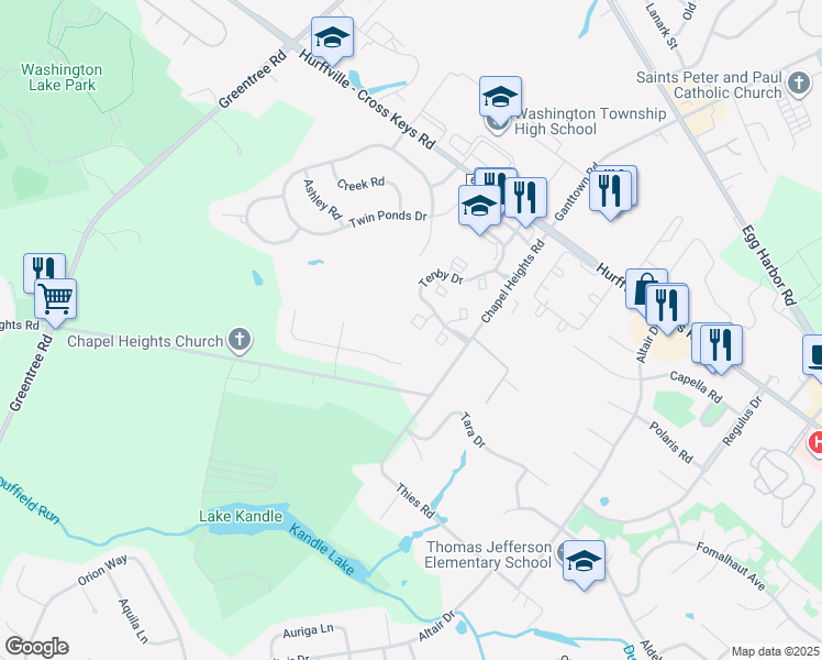 map of restaurants, bars, coffee shops, grocery stores, and more near 15 Harrogate Court in Washington Township