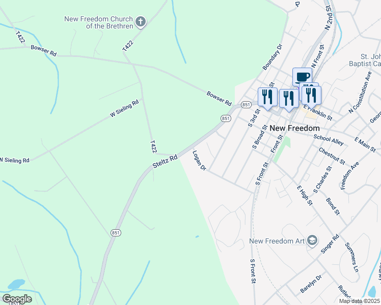 map of restaurants, bars, coffee shops, grocery stores, and more near 197 Steltz Road in New Freedom