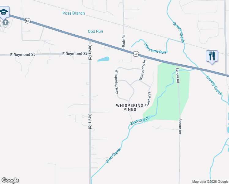 map of restaurants, bars, coffee shops, grocery stores, and more near 2420 Whispering Way in Indianapolis