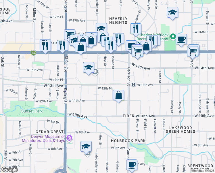 map of restaurants, bars, coffee shops, grocery stores, and more near 9455 West 12th Place in Lakewood