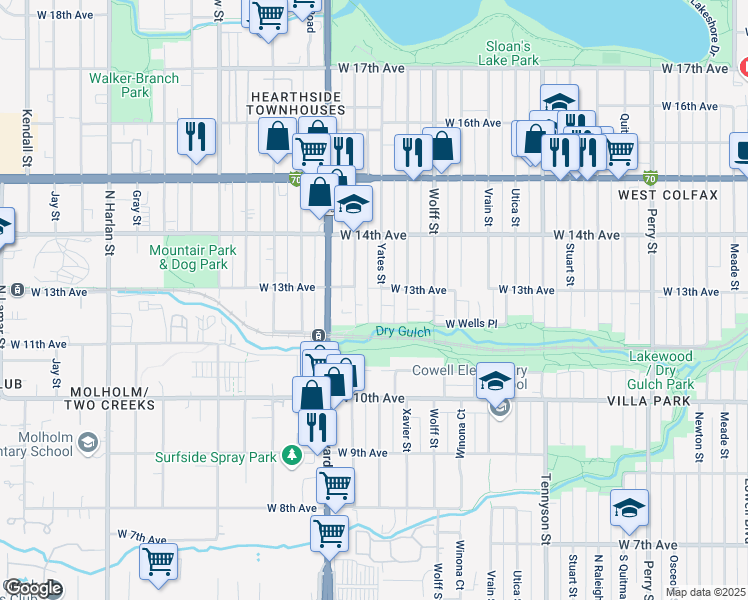 map of restaurants, bars, coffee shops, grocery stores, and more near 1285 Yates Street in Denver
