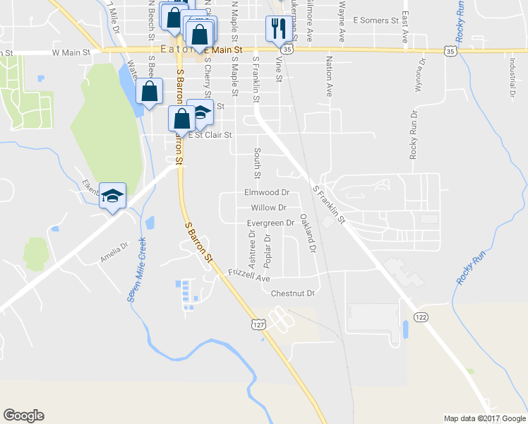 map of restaurants, bars, coffee shops, grocery stores, and more near 401 Willow Drive in Eaton