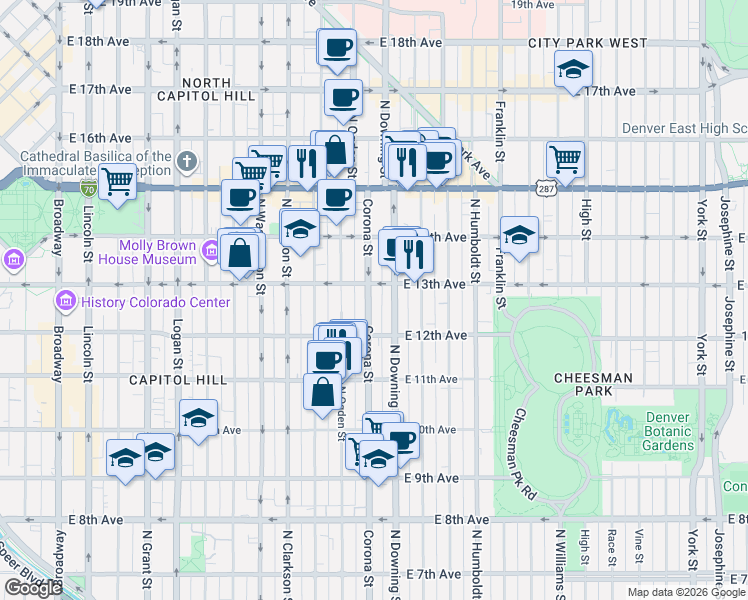 map of restaurants, bars, coffee shops, grocery stores, and more near in Denver