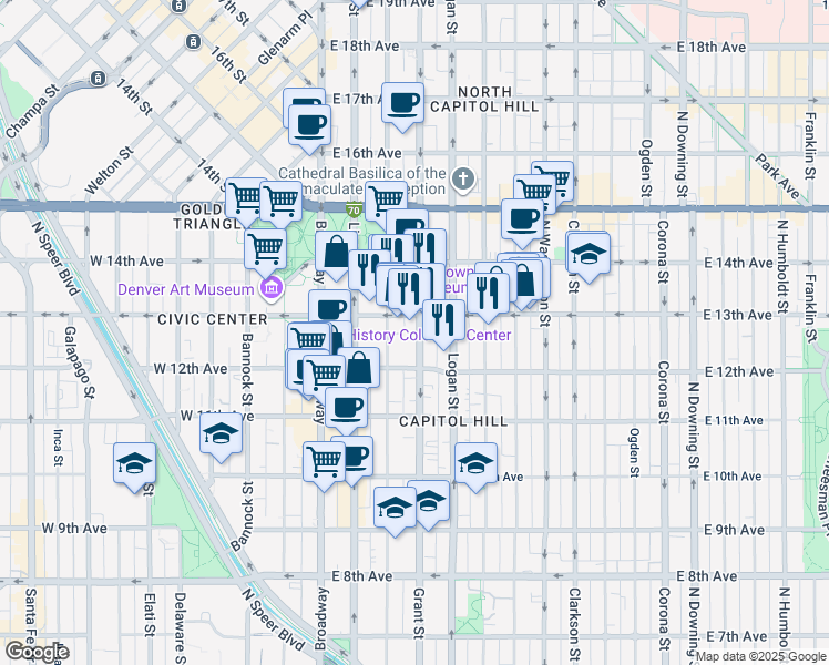 map of restaurants, bars, coffee shops, grocery stores, and more near 1235 Grant Street in Denver