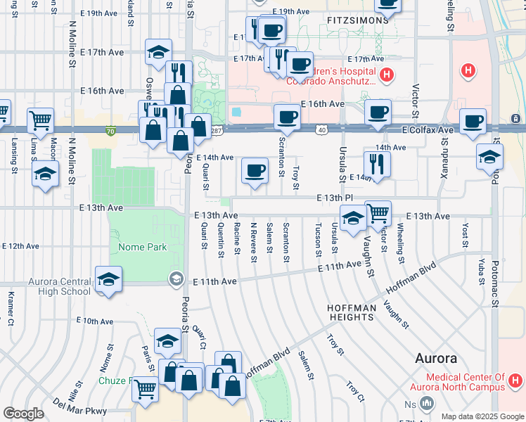 map of restaurants, bars, coffee shops, grocery stores, and more near 12565 East 13th Avenue in Aurora