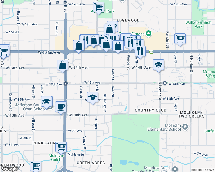 map of restaurants, bars, coffee shops, grocery stores, and more near 7020 West 13th Avenue in Lakewood
