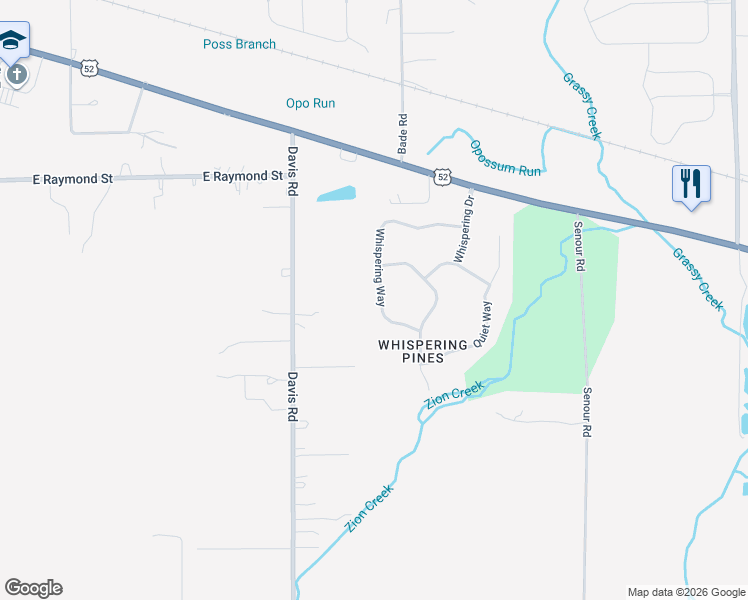 map of restaurants, bars, coffee shops, grocery stores, and more near 2420 Whispering Way in Indianapolis
