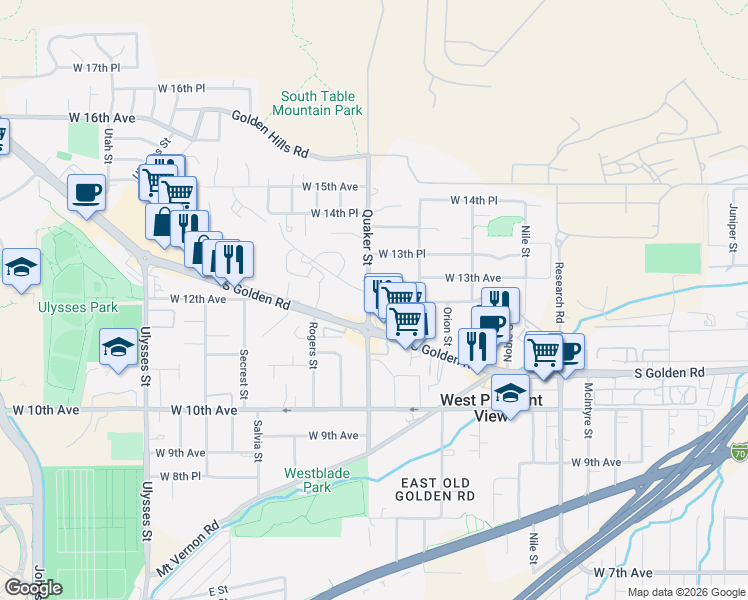 map of restaurants, bars, coffee shops, grocery stores, and more near 1242 Quaker Street in Golden