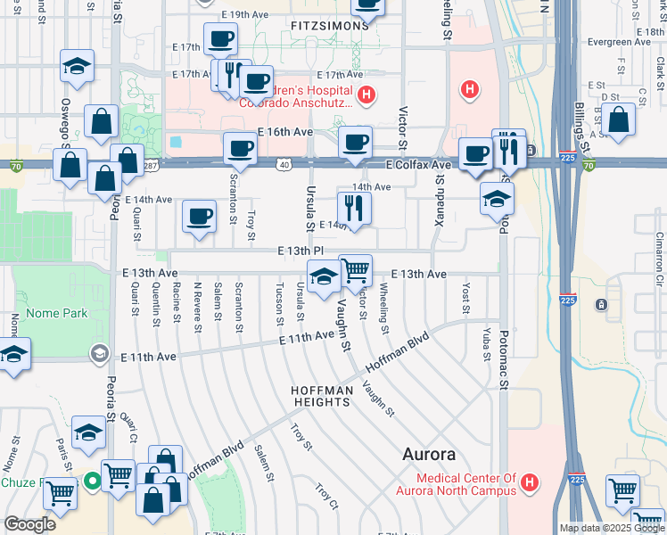 map of restaurants, bars, coffee shops, grocery stores, and more near 13165 East 13th Avenue in Aurora