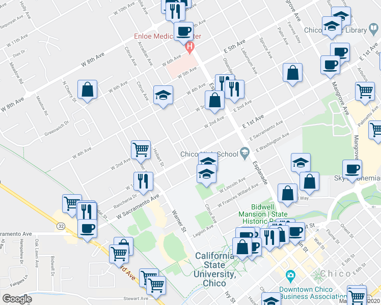 map of restaurants, bars, coffee shops, grocery stores, and more near 320 West 1st Avenue in Chico
