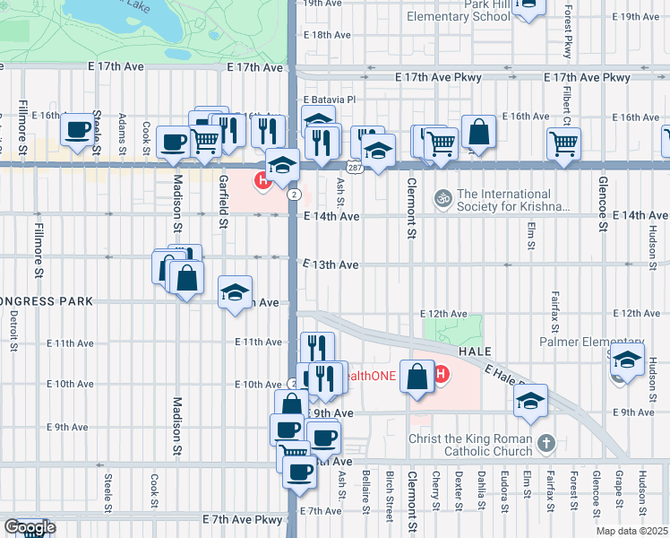 map of restaurants, bars, coffee shops, grocery stores, and more near 1295 Ash Street in Denver