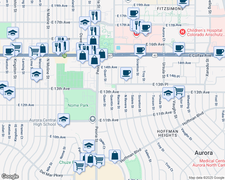 map of restaurants, bars, coffee shops, grocery stores, and more near 12305 East 13th Avenue in Aurora