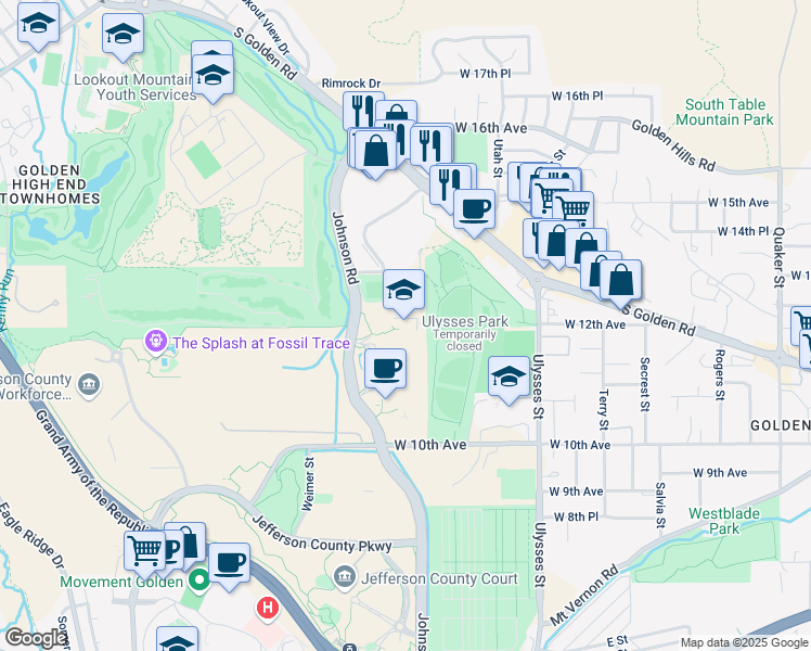 map of restaurants, bars, coffee shops, grocery stores, and more near 1200 Johnson Road in Golden