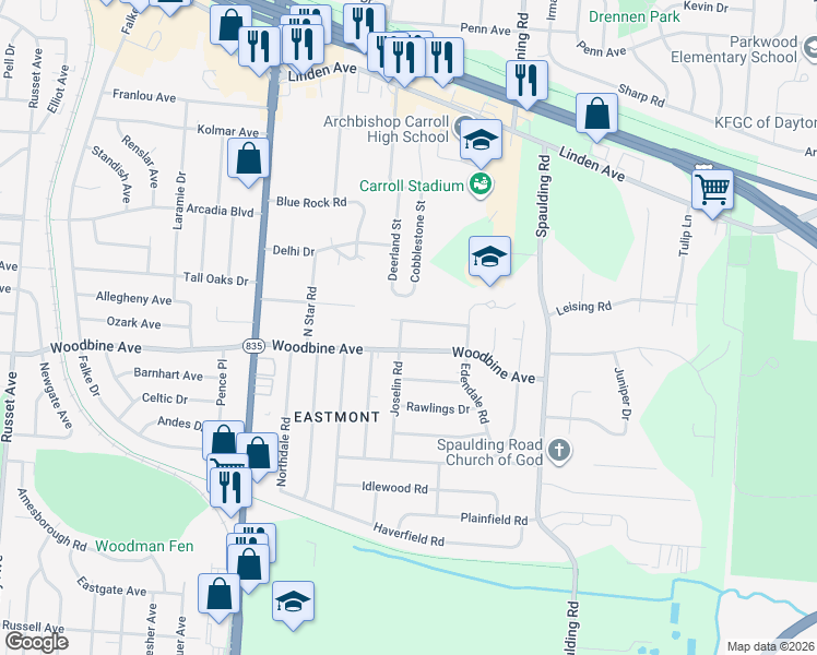 map of restaurants, bars, coffee shops, grocery stores, and more near 5324 Middlebury Road in Dayton