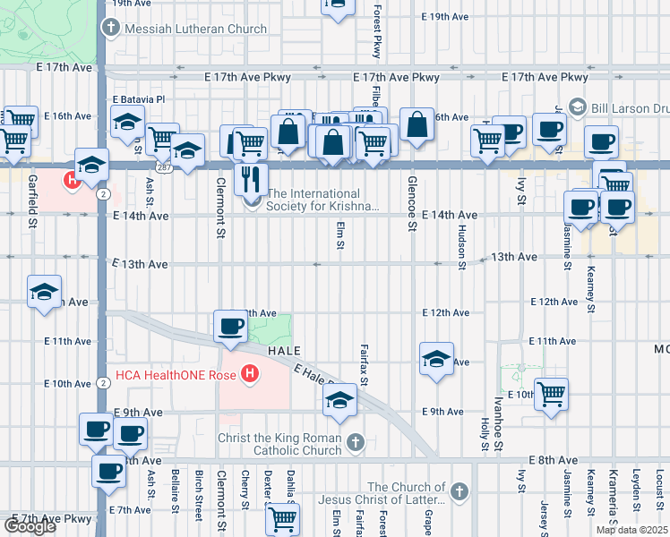 map of restaurants, bars, coffee shops, grocery stores, and more near 1295 Elm Street in Denver