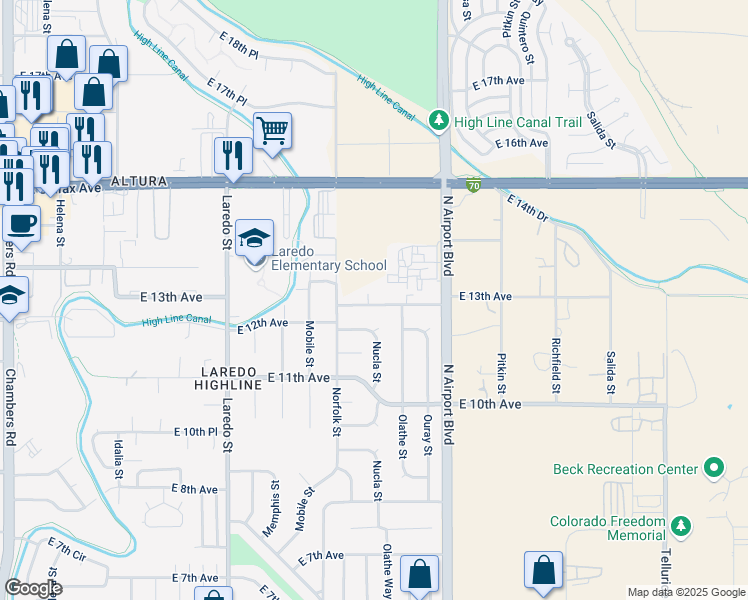 map of restaurants, bars, coffee shops, grocery stores, and more near 16607 East 13th Avenue in Aurora